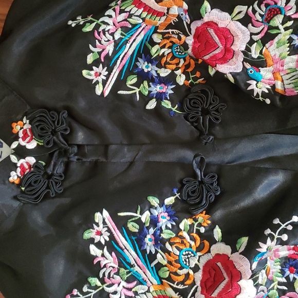 Vintage Embroidered Black Silk Satin Floral Birds Cocktail Jacket Women's Sz M - Picture 15 of 17